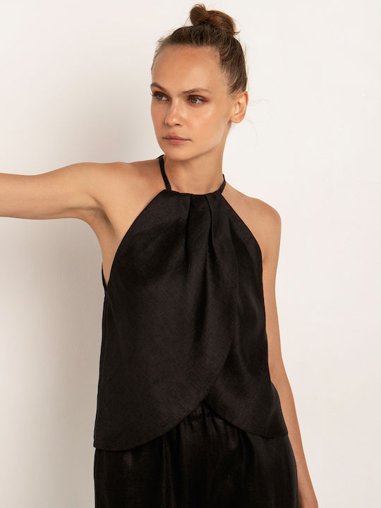 Greek Archaic Kori Women's Summer Blouse Linen Sleeveless Polka Dot Black