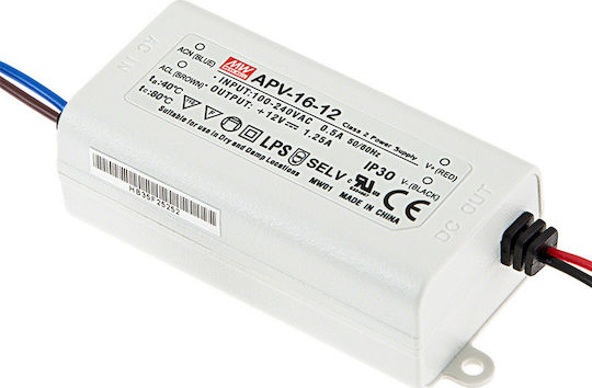 Mean Well Apv Τροφοδοτικό LED IP42 Ισχύος 16W με Τάση Εξόδου 12V