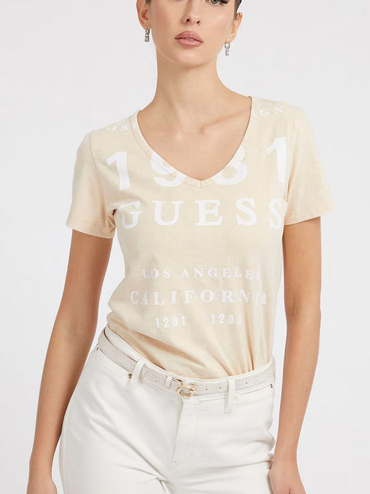 Guess Women's T-shirt with V Neck Pink