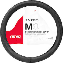 AMiO Car Steering Wheel Cover with Diameter 37-39cm Leatherette Black with Black Seam