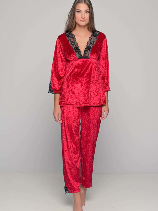 Milena by Paris Winter Damen Samt Einteiliger Pyjama Ruby