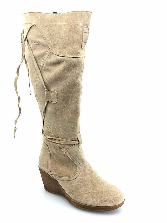 Wildleder Damenstiefel mit mittlerem Absatz Beige