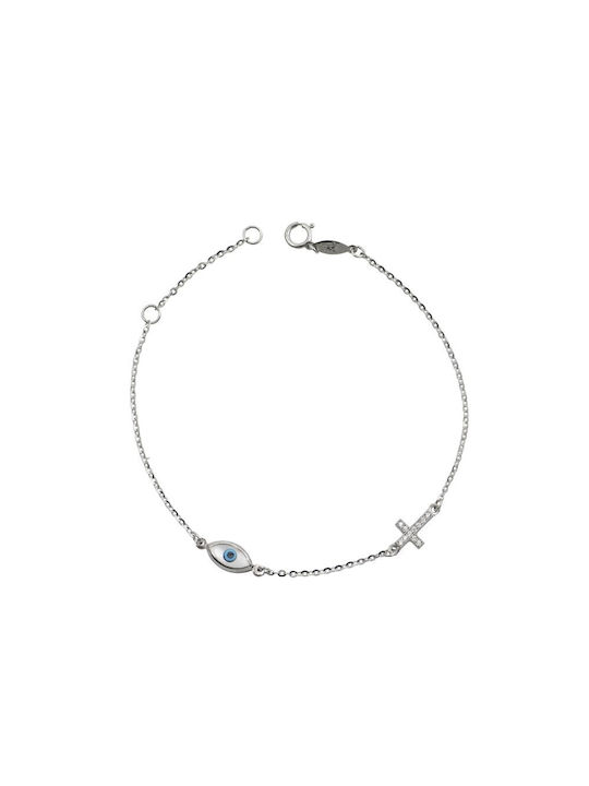 Kids Bracelet from White Gold 9K with Evil Eye & Σταυρό