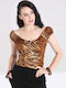 Women's Blouse Cotton Short Sleeve with Boat Neckline Animal Print Brown