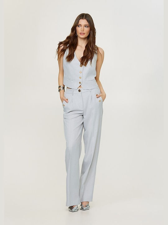 Lynne Women's Fabric Trousers with Elastic in Straight Line Gray