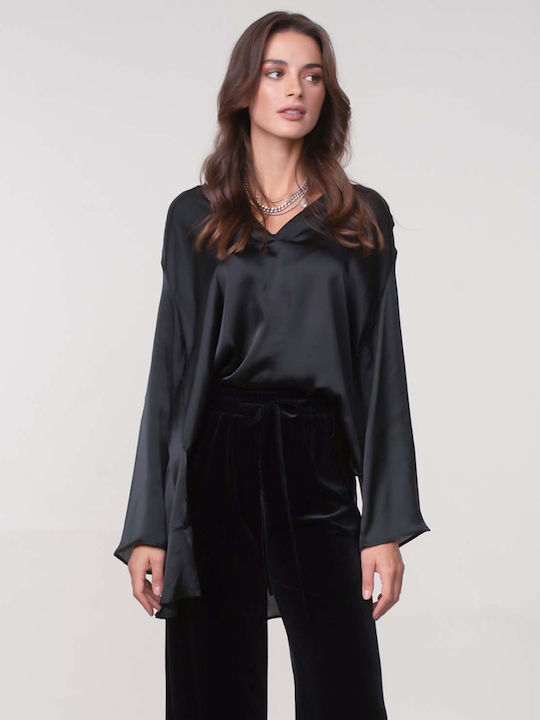 Rock Club Women's Satin Long Sleeve Shirt Black