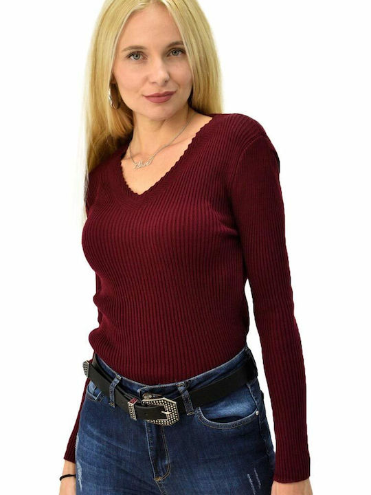 Potre Women's Long Sleeve Sweater with V Neckline Burgundy
