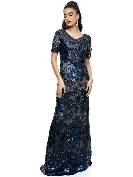 Anna Aktsali Collection Summer Maxi Evening Dress with Lace & Sheer Blue