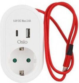 Osio Un singur soclu Securitate cu 1 USB-A, USB-C și Cablu 0.6m