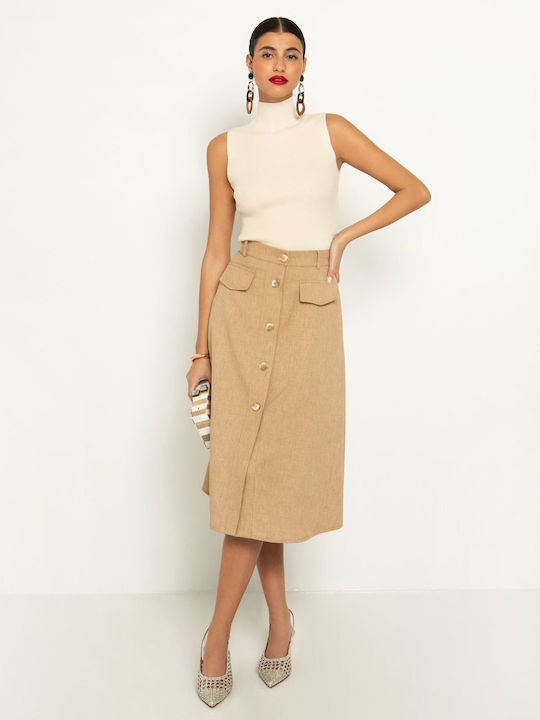 Toi&Moi High Waist Midi Skirt in Beige color