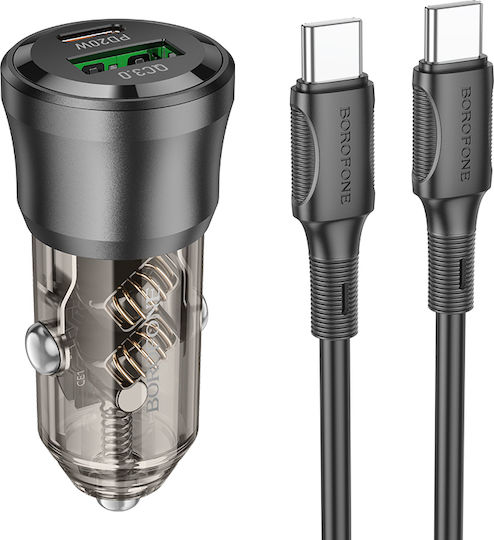 Borofone BZ25 Auto-Ladegerät 38W 3A Schnellladung mit Anschlüssen: 1xUSB 1xType-C mit Kabel Typ-C,TC-TC Schwarz Farbe