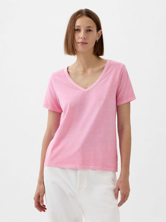 GAP Women's Summer Blouse Cotton Short Sleeve with V Neckline Pink