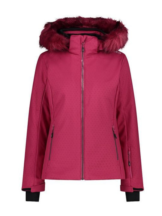 Women's Short Parka Softshell Jacket Waterproof and Windproof for Winter with Hood Burgundy