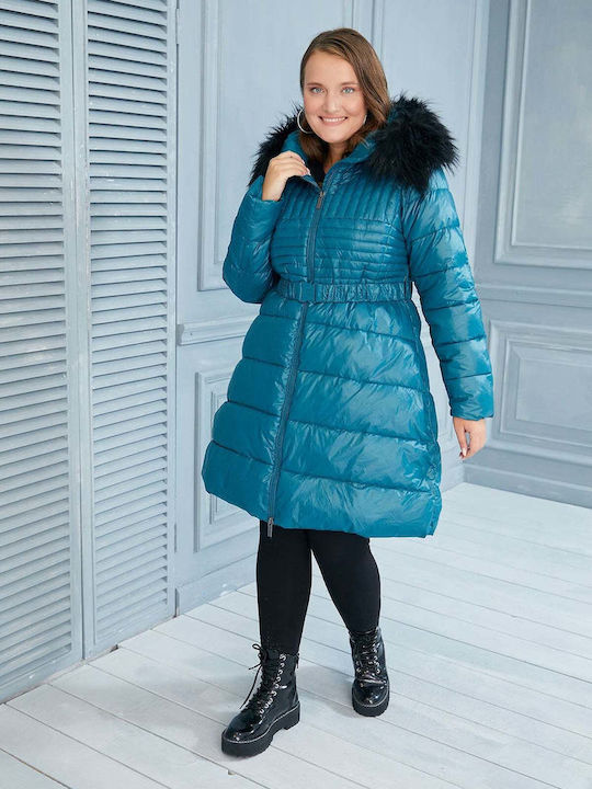 Bubble Chic Women's Long Puffer Jacket for Winter with Hood Blue