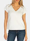 Guess Women's Summer Blouse Short Sleeve with V Neckline White