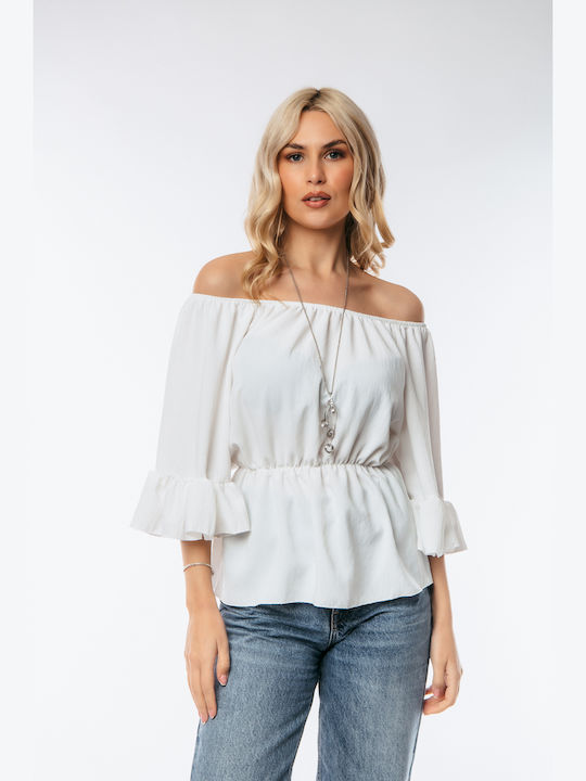 Dress Up Women's Summer Blouse with 3/4 Sleeve White