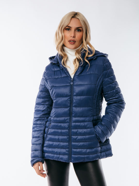 Dress Up Women's Short Puffer Jacket for Winter with Hood Blue