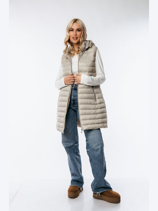 Dress Up Women's Long Puffer Jacket for Winter with Hood Beige