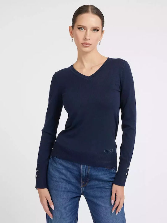 Guess W2yr31 Z2v62 Women's Long Sleeve Pullover with V Neck Blackened Blue