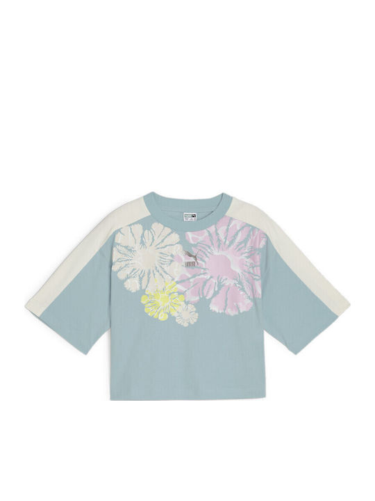 Kids Short-sleeved Light Blue Crop Top Graphic