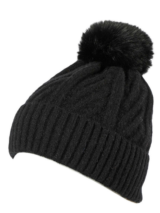 Achilleas Accessories Pom Pom Beanie Unisex Beanie Gestrickt in Schwarz Farbe