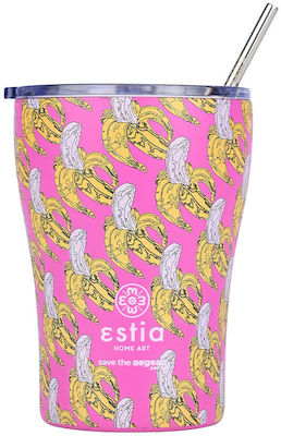Estia Coffee Mug Save The Aegean Glas Thermosflasche Rostfreier Stahl BPA-frei BANANA SWIRL 350ml mit Stroh
