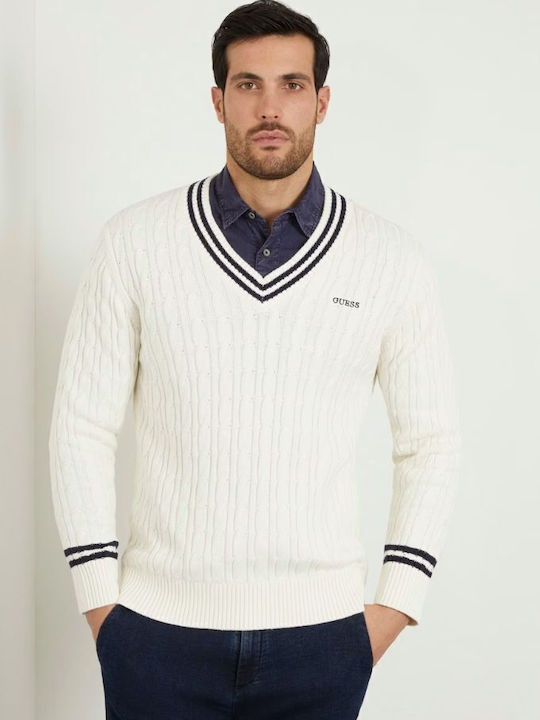 Guess Men's Long Sleeve Sweater with V-Neck Ecru