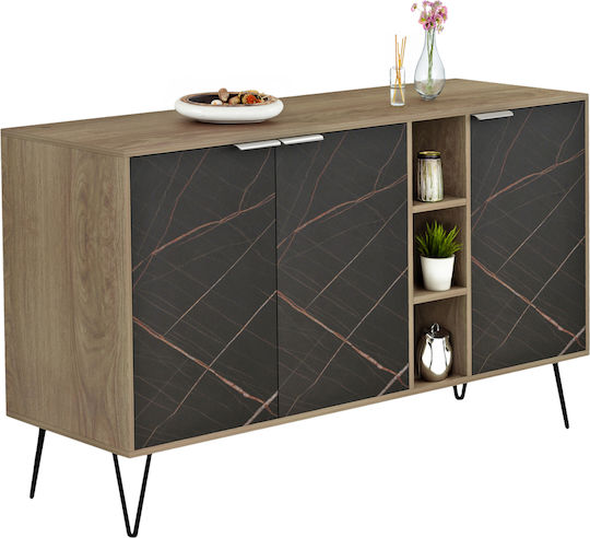 Sideboard Carbon Holz Schwarz - Schwarz Marmor 142x40x83cm