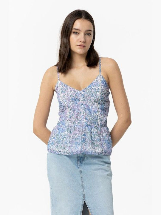 Tiffosi Damen Sommer Bluse mit Trägern Blumen Blau