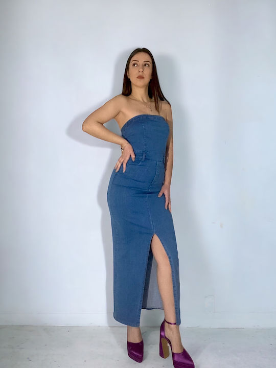 Midi Φόρεμα με Σκίσιμο Μπλε