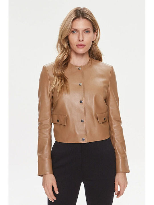 Hugo Boss Women's Short Lifestyle Leather Jacket for Winter Brown