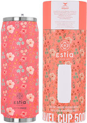 Estia Travel Cup Save the Aegean Recyclable Glass Thermos Stainless Steel BPA Free Bouquet Coral 500ml with Straw