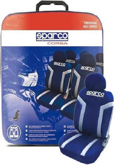 "Sparco Linea S" Universal Fabric Car Seat Covers Set Front / Rear 11 Pieces Blue / White