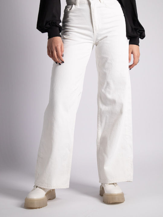 Warehouse Design High Waist Women's Jean Trousers Flared with Rips White