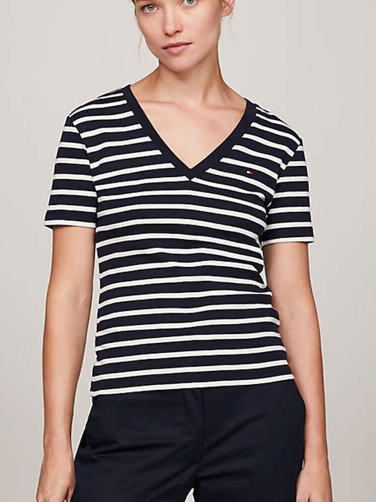 Tommy Hilfiger Women's T-shirt with V Neck Striped Ecru