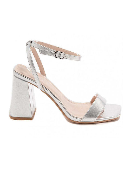 Ideal Shoes Synthetic Leather Women's Sandals Silver with Chunky High Heel