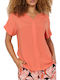 Soya Concept Women's Summer Blouse Short Sleeve with V Neckline Coral