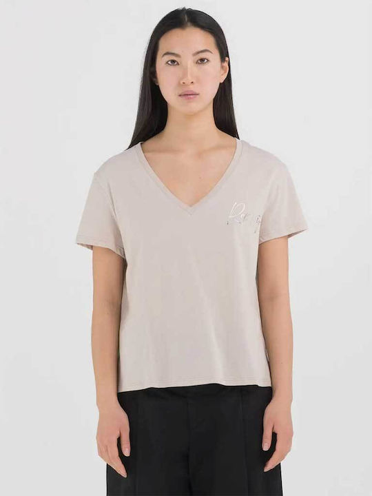 Replay Γυναικείο Oversized T-shirt με V Λαιμόκοψη Μπεζ