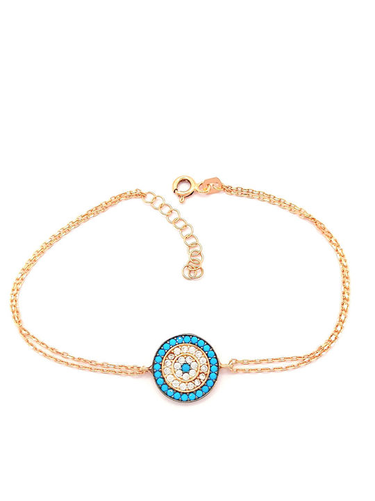 925 Silver Hand Bracelet Rose Gold with Double Chain with Eye Design 1.2cm and Multicolored Zircon Stones