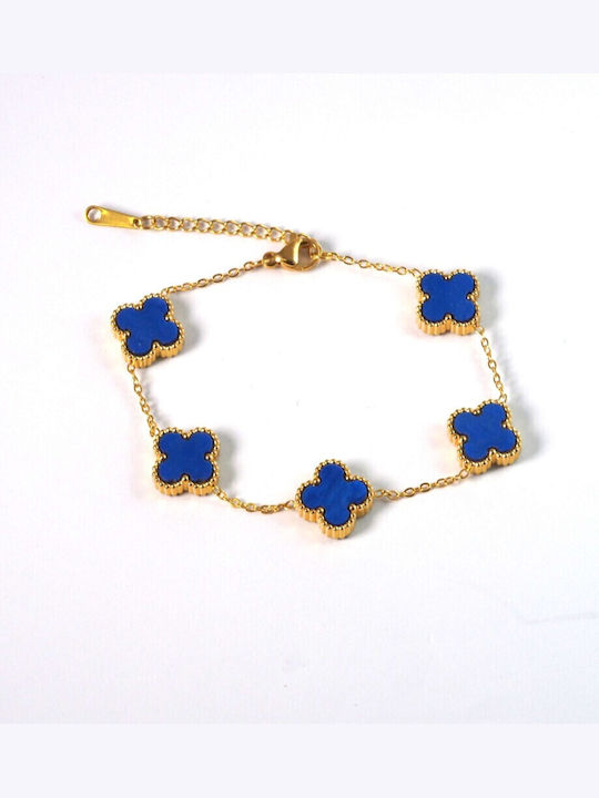 Chain Bracelet Cross 1.5mm 5 Crosses 13x13mm With Semi-Precious Stone Gold Stainless Steel And Chain Extension Steel 180-210mm - Blue