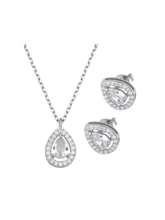Necklace Earrings Set Silver 925 White Rose Tear