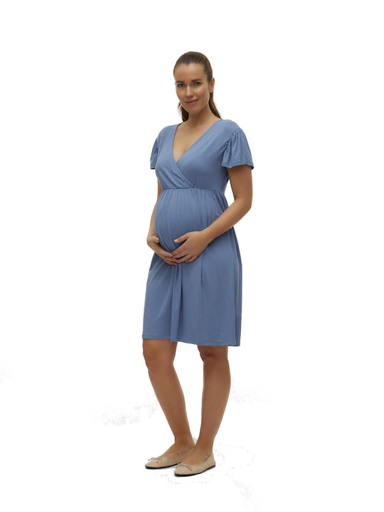 Summer Short Sleeve Maternity Mini Dress Light Blue Regular Fit