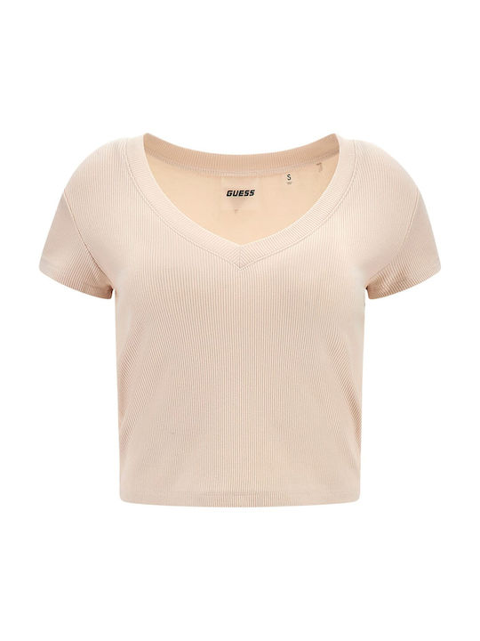 Guess Athleisure W Women's Summer Blouse Short Sleeve Beige