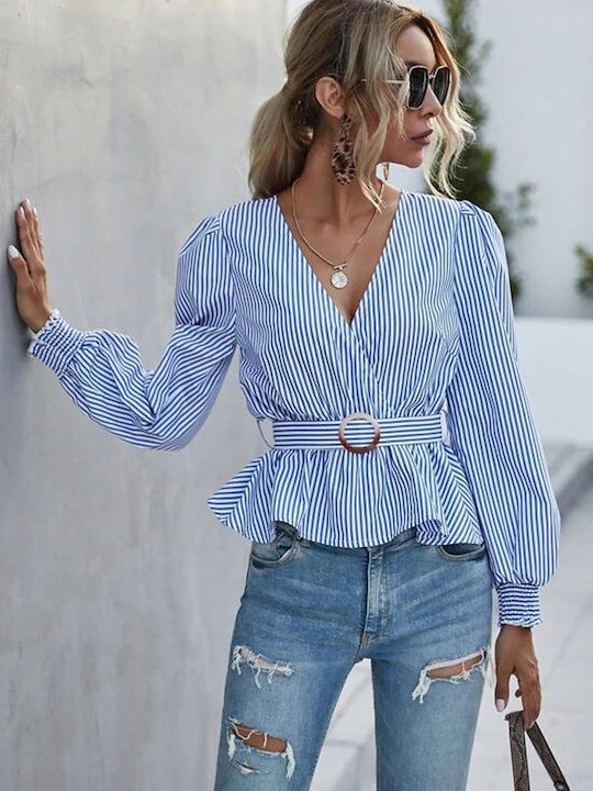 Women's Summer Blouse Cotton Long Sleeve Striped Blue
