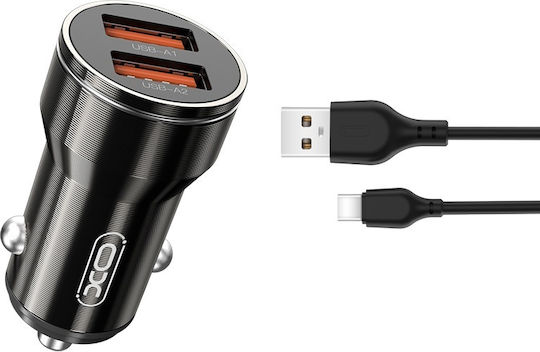 XO Auto-Ladegerät 12W 2.4A mit Anschlüssen: 2xUSB mit Kabel Typ-C,TC-TC Schwarz Farbe