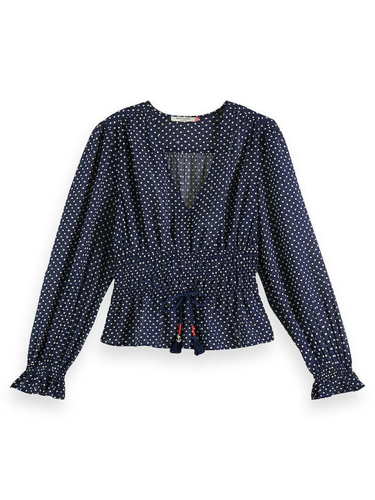 Scotch & Soda Women's Summer Blouse Long Sleeve with V Neck Navy Blue