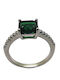 Single Stone Ring Silver 925 Platinum Plated with Green Zircon Stone and White Stones on the Side Size 52/12