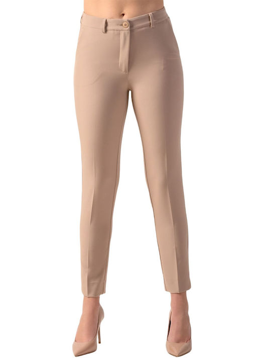 Derpouli Women's Fabric Trousers with Elastic in Straight Line Beige