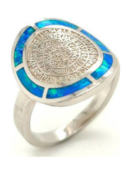 Damenring, versilbert (925°), Phaistos-Diskus mit synthetischem Opal - Blau