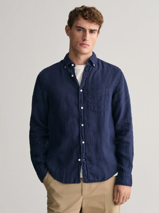 Gant Men's Shirt Long Sleeve Linen Navy Blue